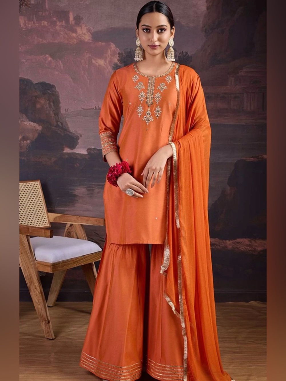 Embroidered Orange Salwar Kameez Set with Dupatta (new without tags) fits like M
